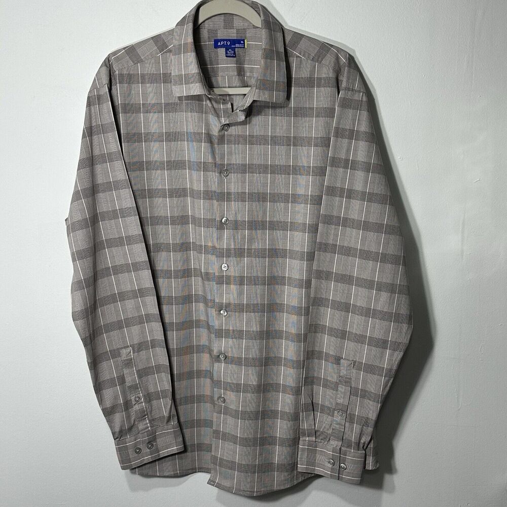 Apt 9 Shirt Men’s Sz XL 17-17.5 36/37 Gray Plaid Blue/White Trim Button Up Dress